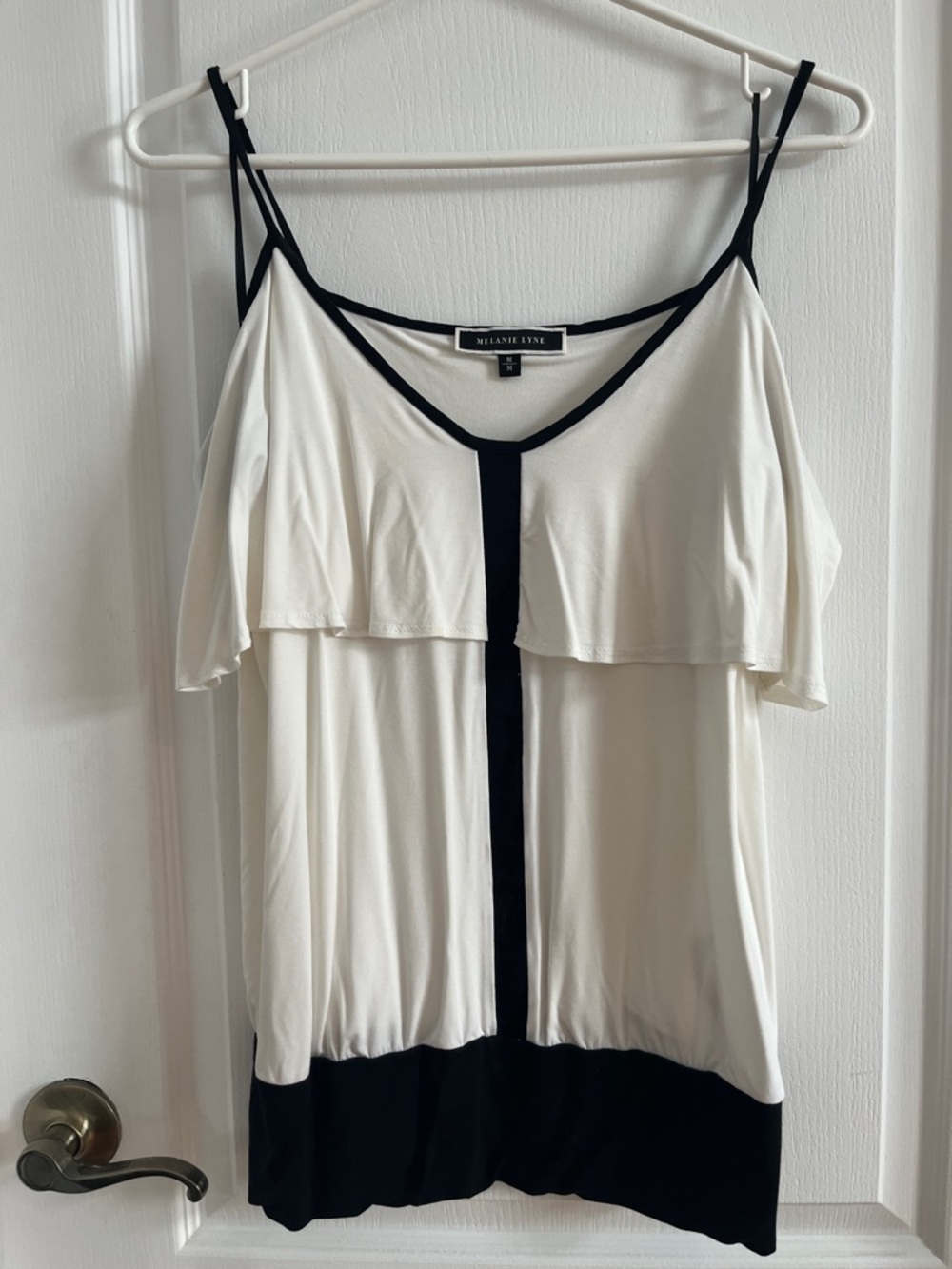 Melanie Lyne White Cold-Shoulder Camisole with Black Trim